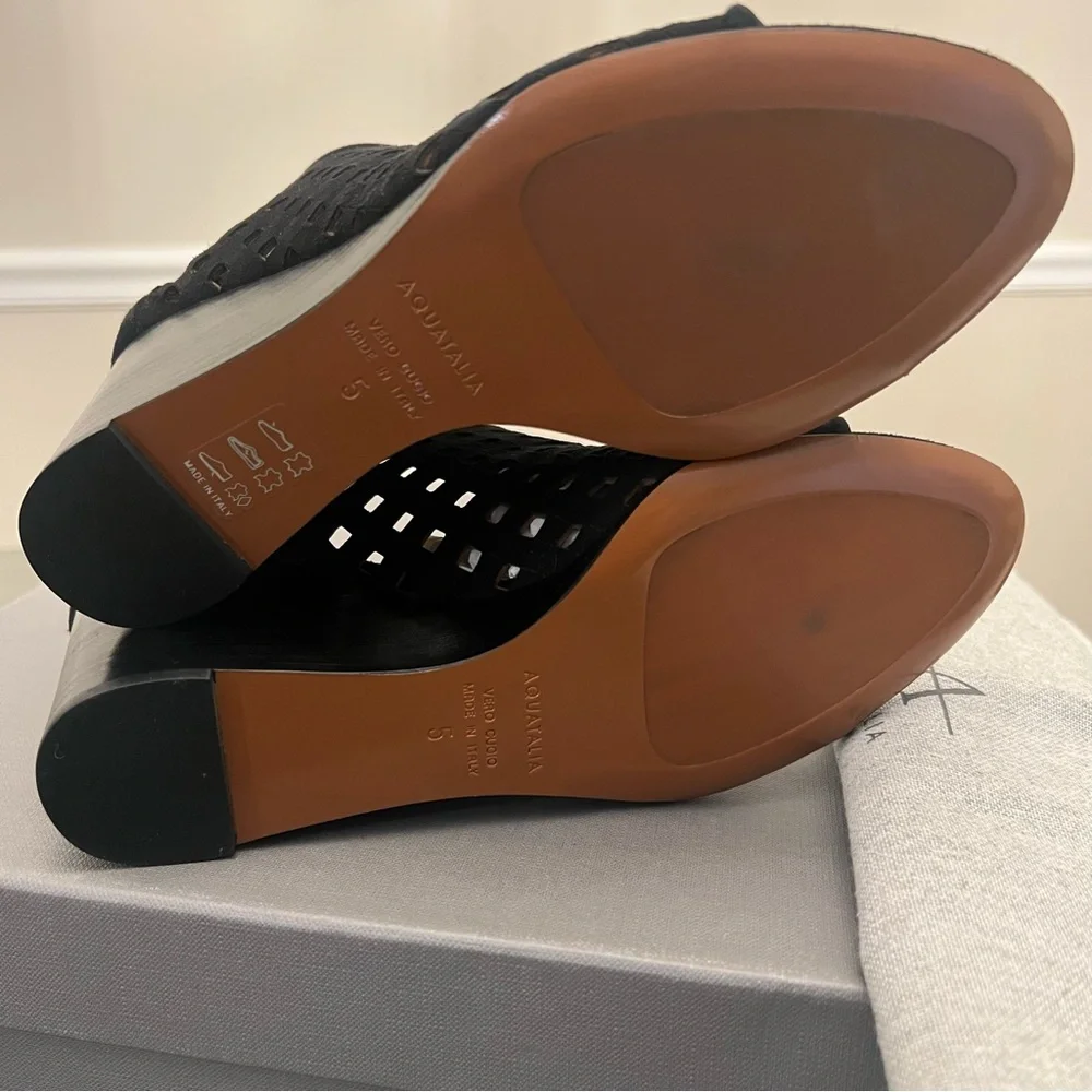 Aquatalia Nikita Open Toe Black Suede Wedge Ankle Bootie Sandal Perforated Zip 5